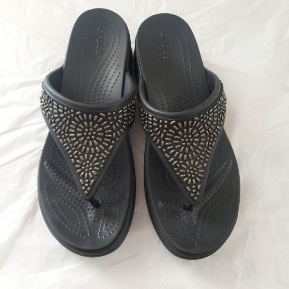 CROCS Monterey Diamante Sandals Size 11 | Dual Comfort GUC Slides Wedge Thongs